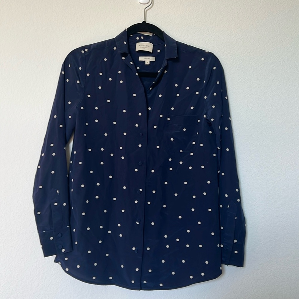 Sezane Navy Blue Polka Dot Button Down Shirt